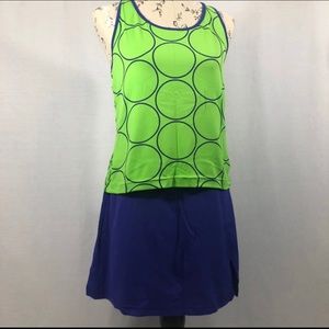 Neon green and purple tennis workout outfit